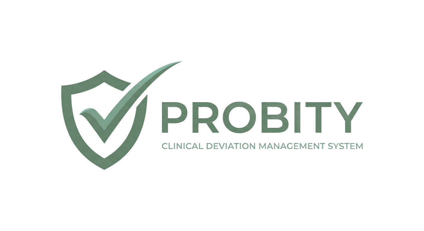 Probity logo with outlined sage shield, swooping checkmark, and Clinical Deviation Management System wordmark